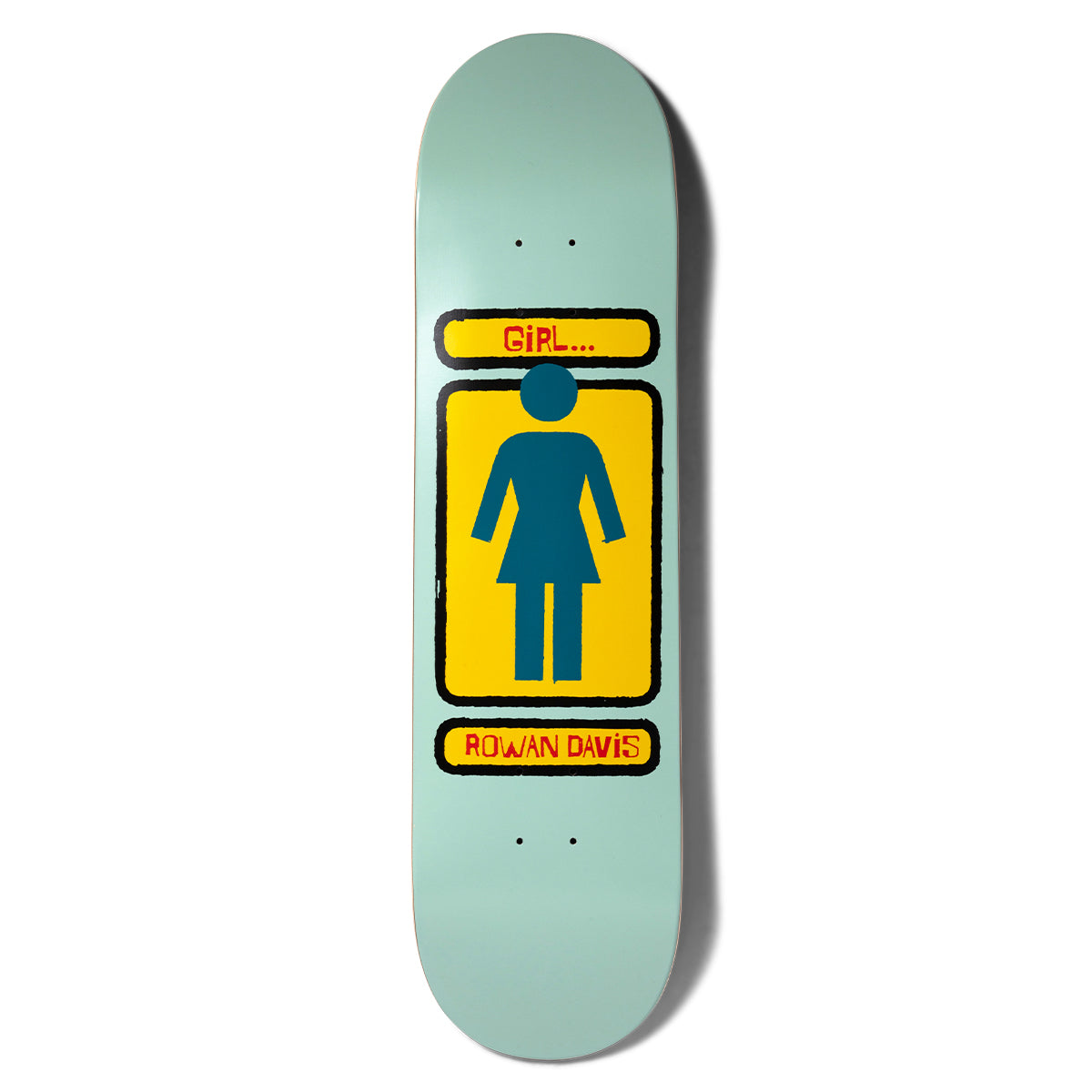 Girl Davis Hand Shakers skateboard deck: Girl logo of a teal female figure in a yellow rounded panel with black borders, with a GIRL... banner above and the rider name panel below, on a pale mint deck.