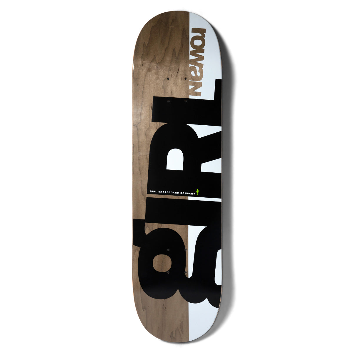 Girl Davis Rising skateboard deck: Oversized black Girl logo letters printed upside down and cropped across a deck split between natural brown wood and white. Small Girl Skateboard Company text with the green figure logo, and a rider name in the top corner.