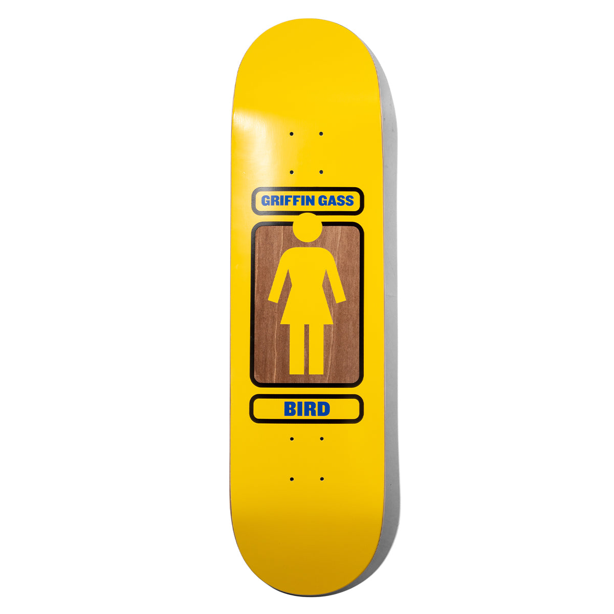 Girl Gass 93 Til Pop Secret skateboard deck: Yellow Girl logo figure in a wood-grain panel with black border, name banner Griffin Gass above and Bird below in blue, on a bright yellow deck.