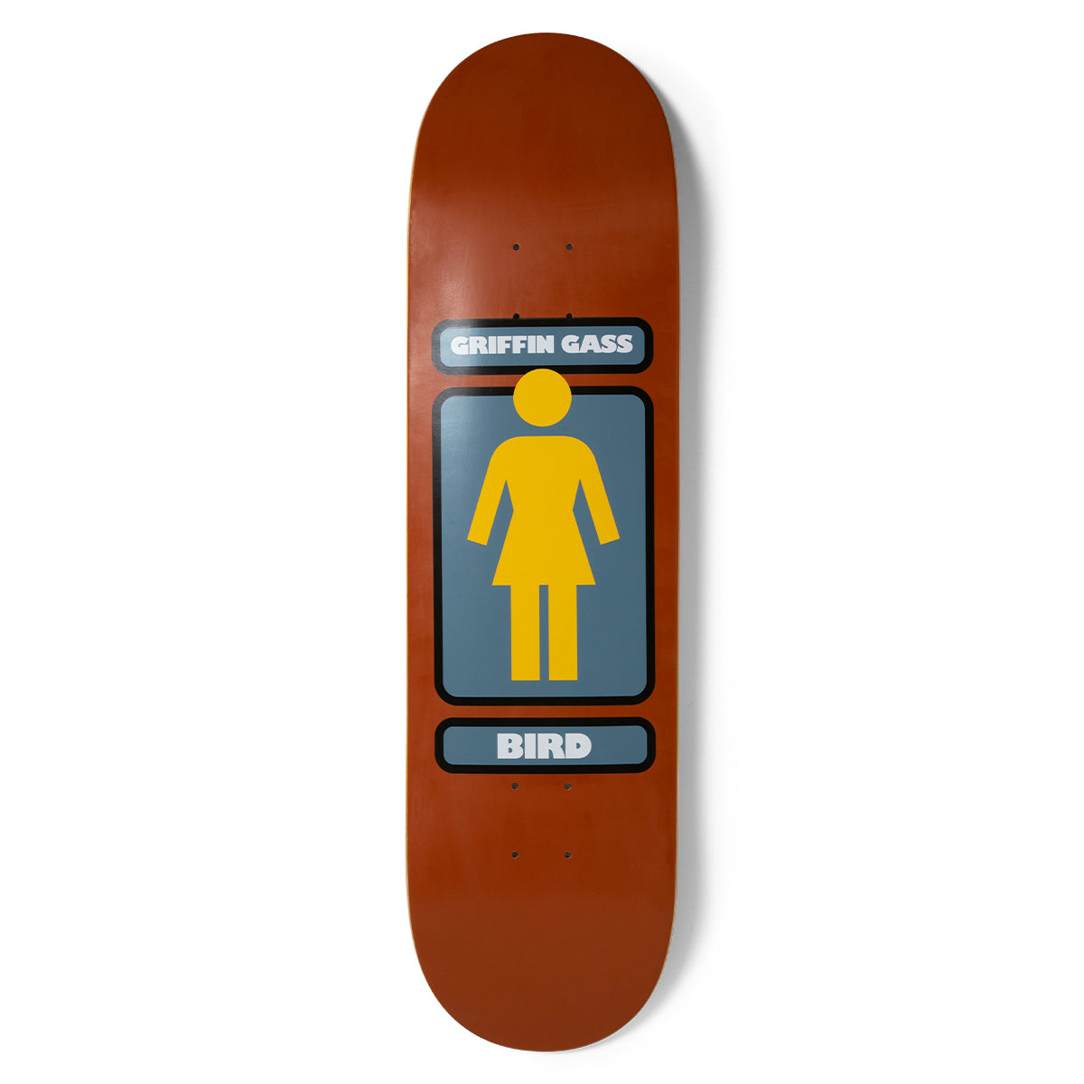 Girl Gass 93 Til skateboard deck: Girl logo with a yellow female figure in a blue-grey rounded box, with name panels above and below. Plain rust-brown deck background.