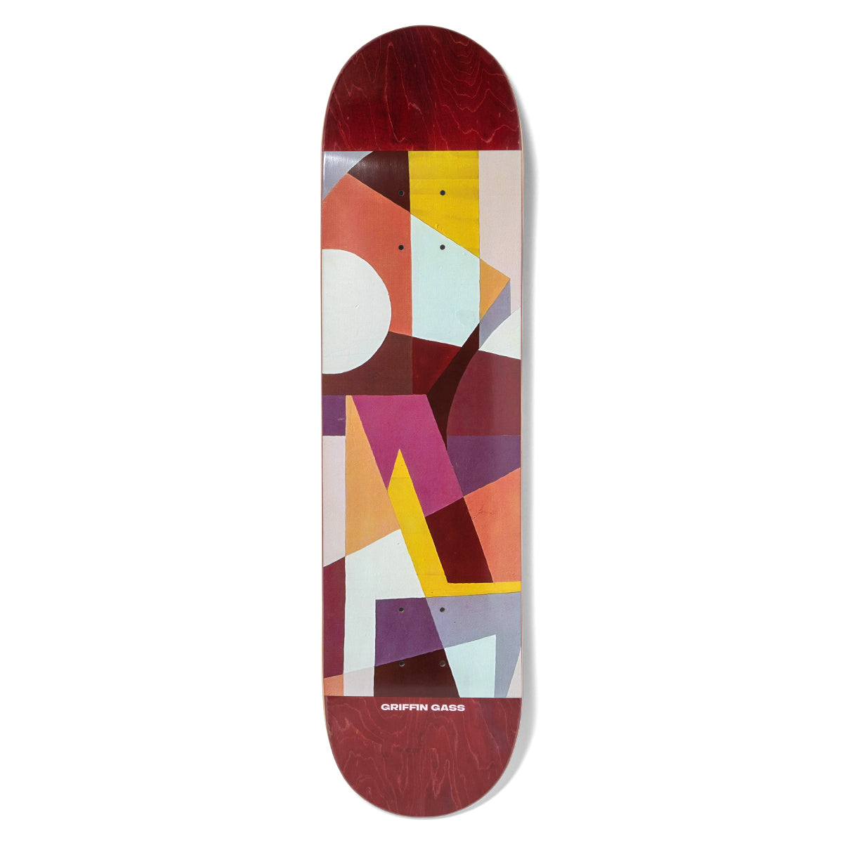 Girl Gass Emergence Pop Secret skateboard deck: Abstract composition of overlapping geometric shapes, including a circle, triangles and blocks, in muted pinks, burgundy, mustard, mint and orange, on a red-stained deck. Small rider name at the bottom.