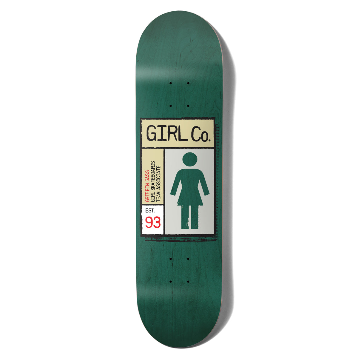 Girl Gass Gridbox skateboard deck: Label-style panel in cream and grey with GIRL Co. text, a green Girl figure, Est. 93 and rider details, on a green stained deck.