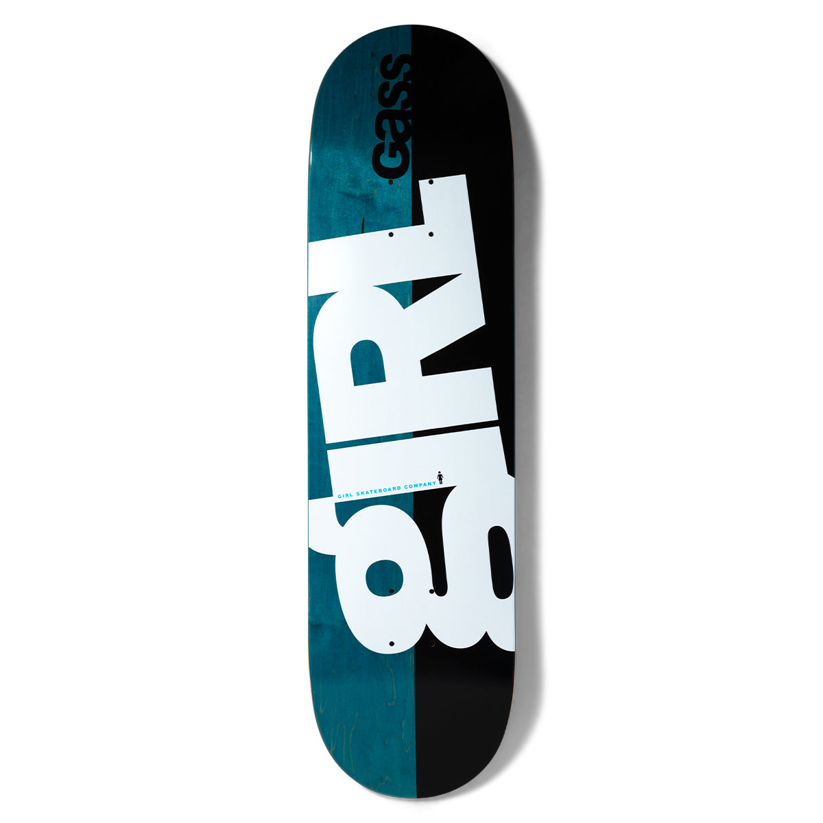 Girl Gass Rising skateboard deck: Large white Girl logo rotated and cropped across the deck, split down the middle between teal-stained wood and solid black. Small rider name at the top and a small Girl Skateboard Company line near the tail.