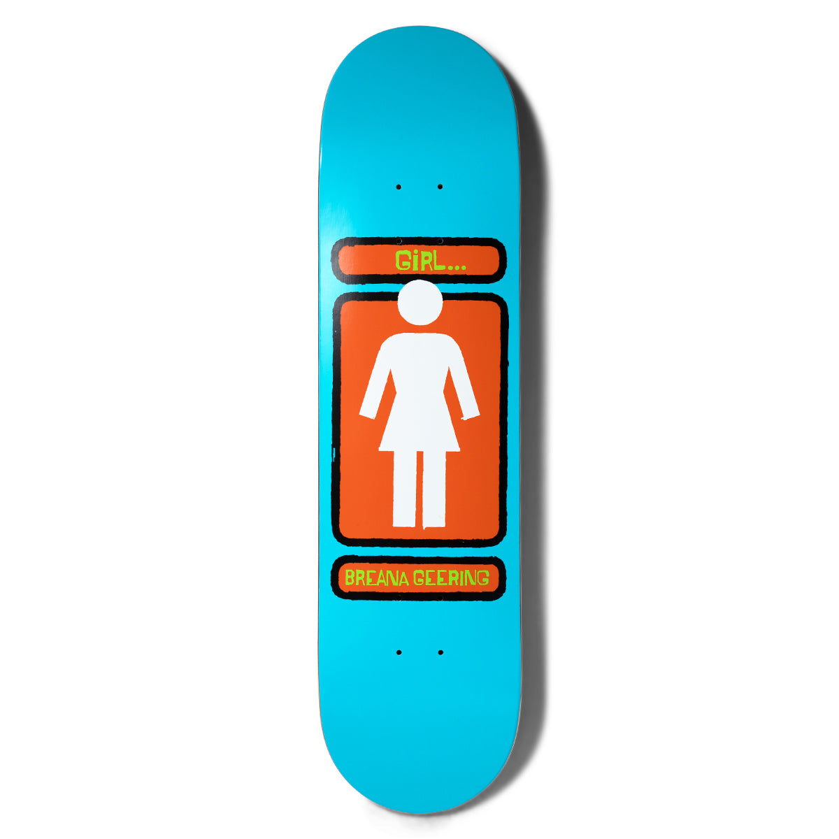 Girl Geering Hand Shakers skateboard deck: Bright blue deck with the Girl logo, a white figure in an orange rounded box with black outline, with a 'GIRL...' tab above and the rider's name tab below in lime lettering.