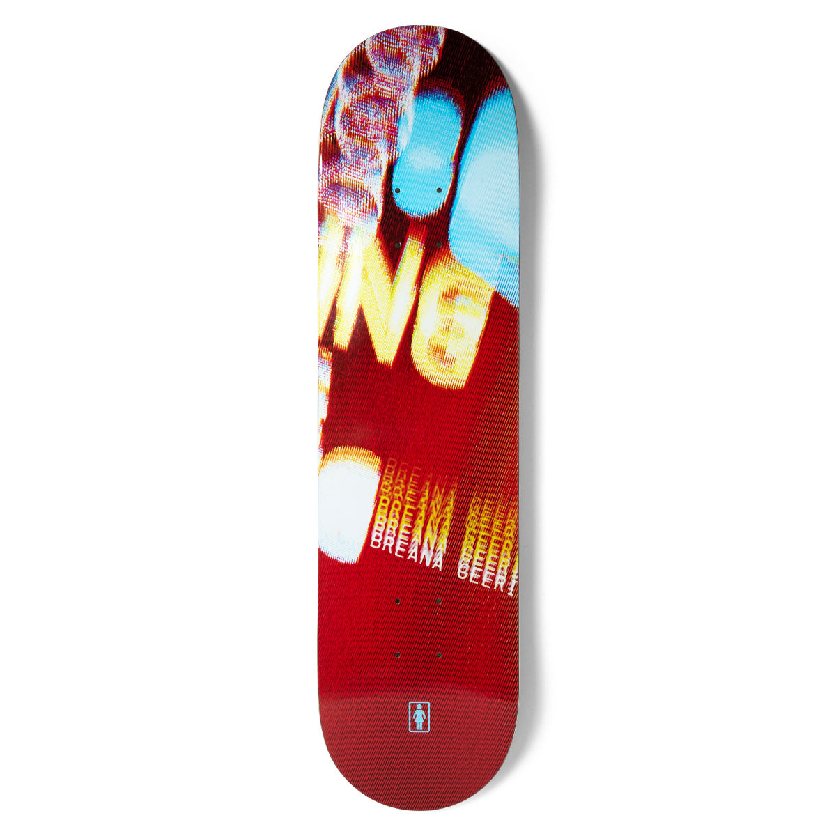 Girl Geering TV Set skateboard deck: Blurred, pixelated close-up of glowing yellow lettering and light shapes on a red screen, with the rider's name repeated in a fading stack. Girl logo at the tail.