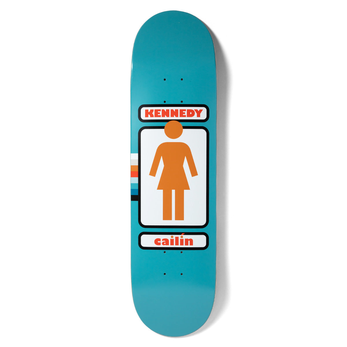 Girl Kennedy 93 Til skateboard deck: Girl 93 Til design: an orange female figure in a white panel with a black border on teal, with name panels above and below and a coloured stripe motif at the left.