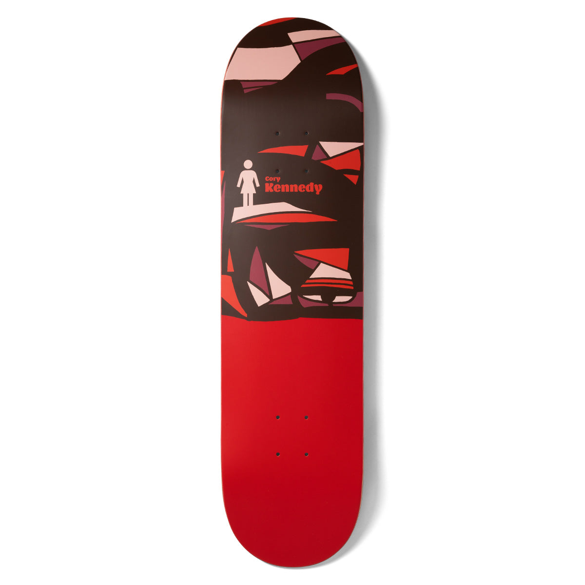 Girl Kennedy Dialog skateboard deck: Abstract geometric shapes in maroon, red and pink forming a dark mass on the upper half of the deck, with a small Girl figure and rider name; the lower half is plain red.