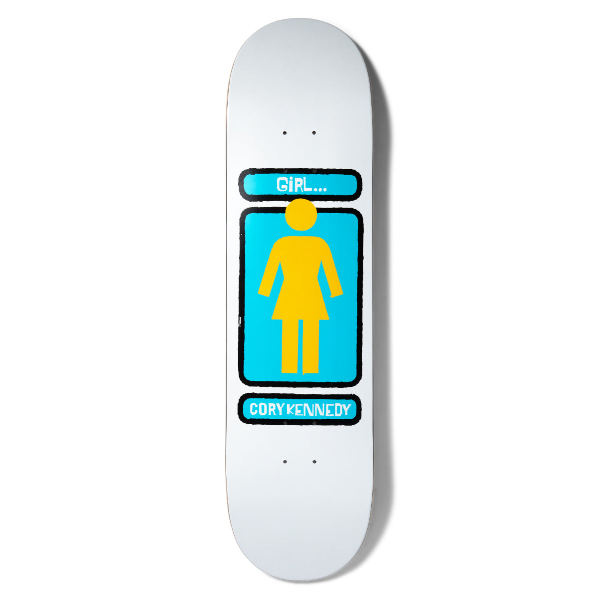 Girl Kennedy Hand Shakers skateboard deck: Girl logo of a yellow female figure on a turquoise panel with a black rounded border, with 'GIRL...' above and the rider name below in hand-drawn lettering, on a white deck.