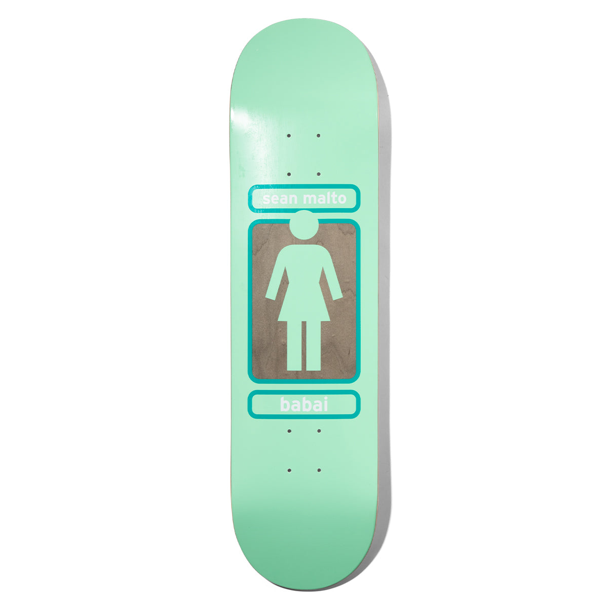 Girl Malto 93 Til Pop Secret skateboard deck: Girl 93 Til logo of a standing female figure in a framed panel showing bare wood, with a name plate above and below, all in teal on a mint green deck.