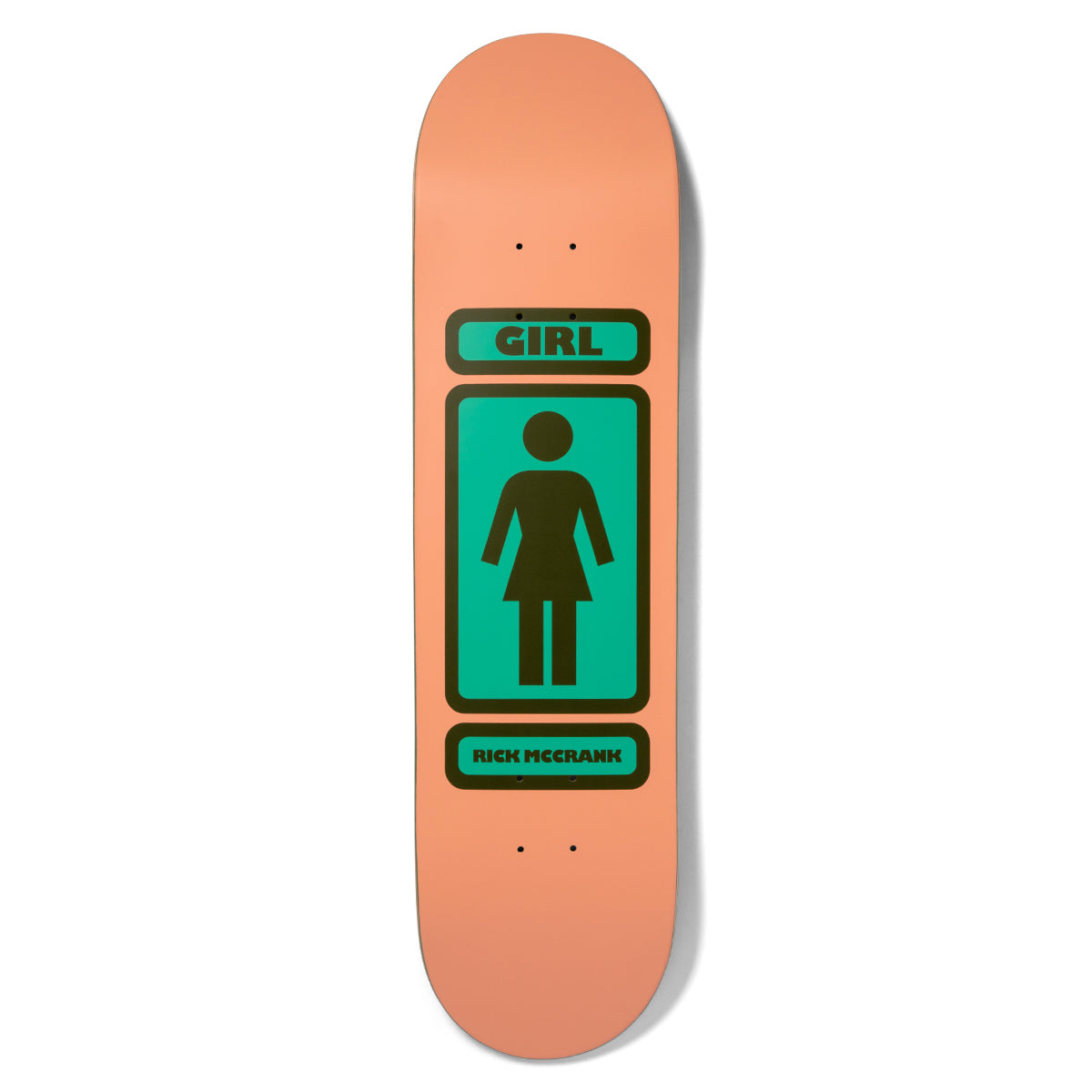 Girl McCrank 93 Til Pop Secret skateboard deck: Girl brand's classic figure logo in a rounded rectangle frame, dark brown outline and figure on a teal panel, with GIRL banner above and rider name banner below, all on a flat peach deck.