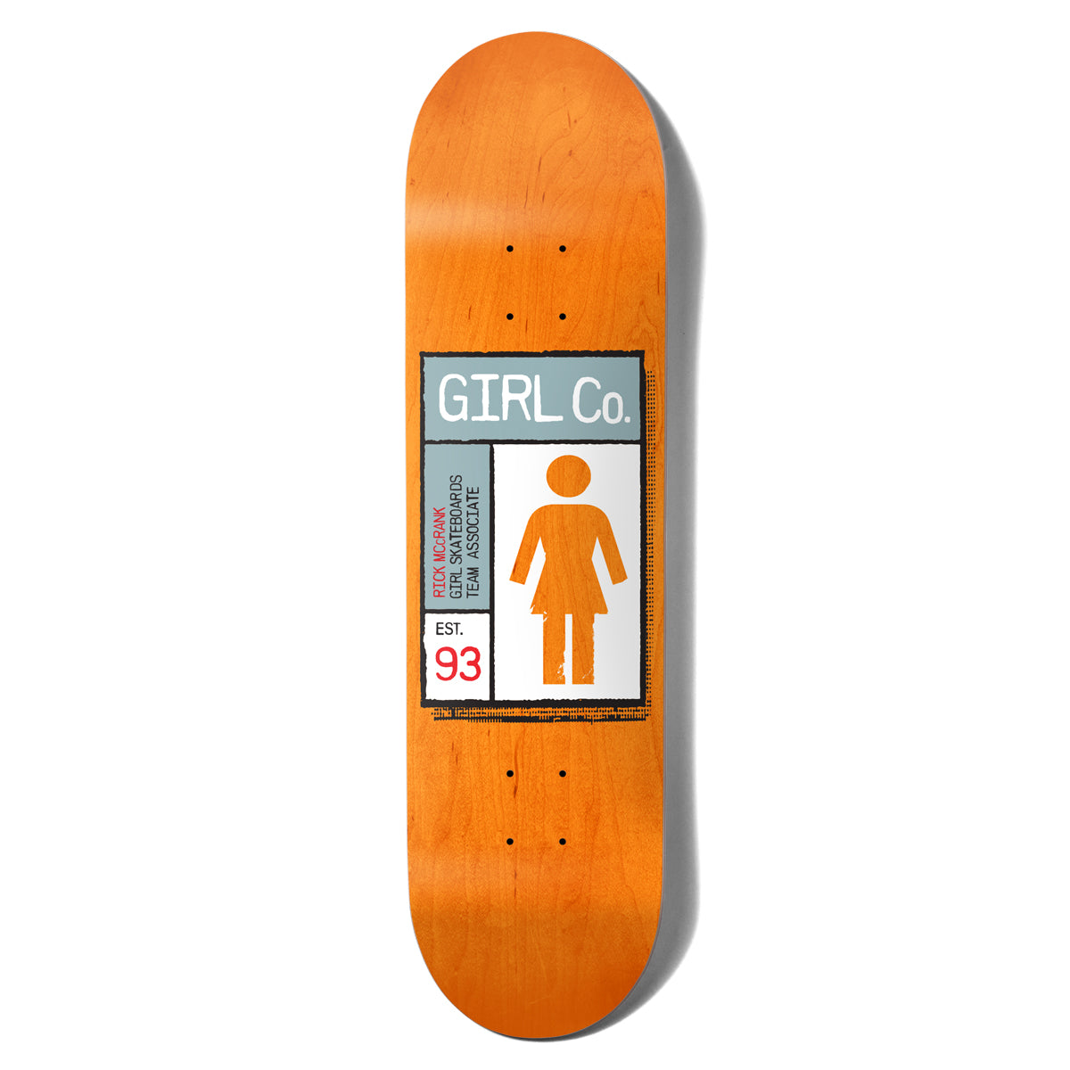 Girl McCrank Gridbox skateboard deck: Girl Co. label-style graphic with the standing female figure in orange on a white panel, headed 'GIRL Co.' on grey, with 'Est. 93' and rider and brand details printed vertically, on an orange stained deck.