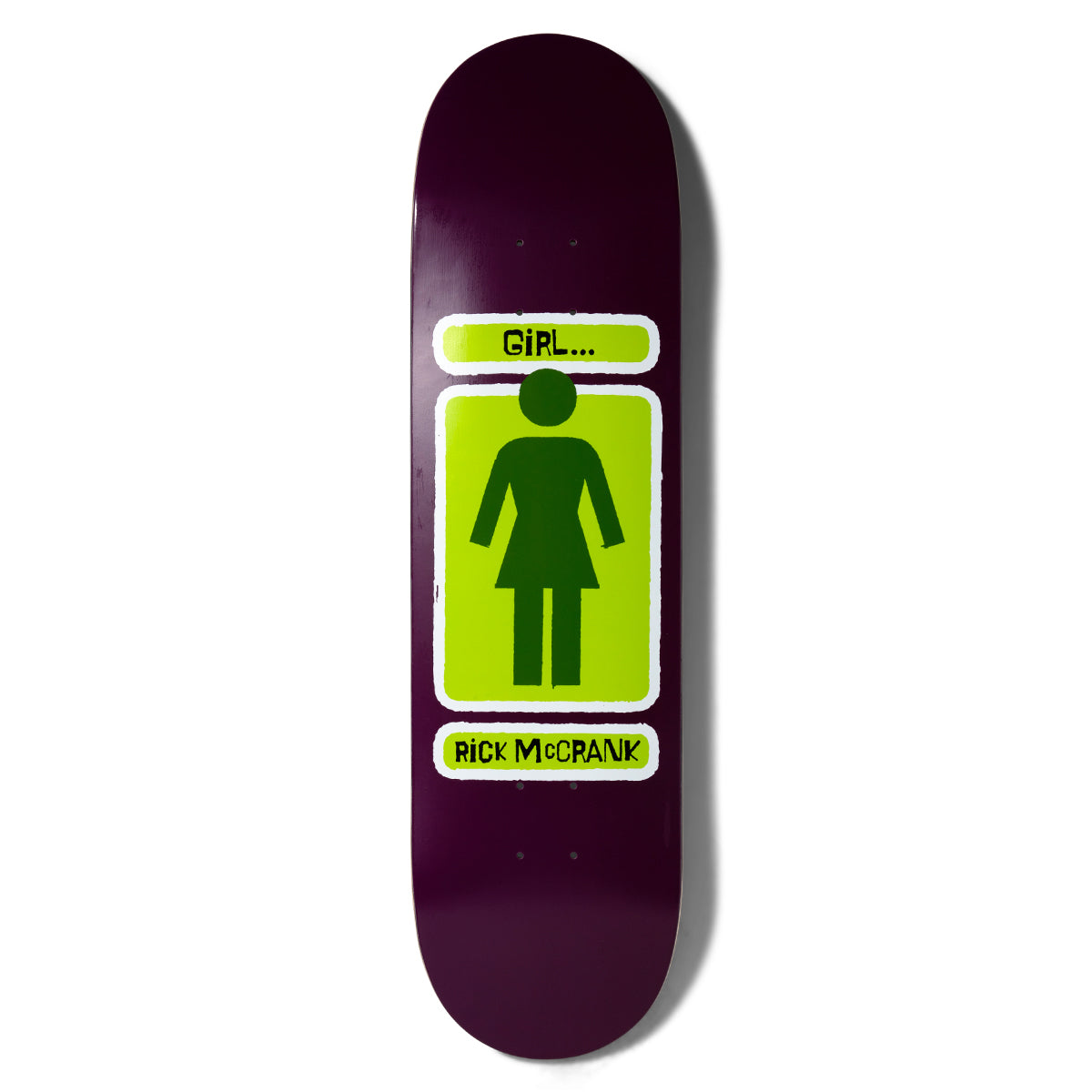 Girl McCrank Hand Shakers skateboard deck: Girl brand figure logo in a rough-edged frame in lime green with dark green figure, white outlined, with a GIRL... banner above and rider name below, on a plain dark purple deck.