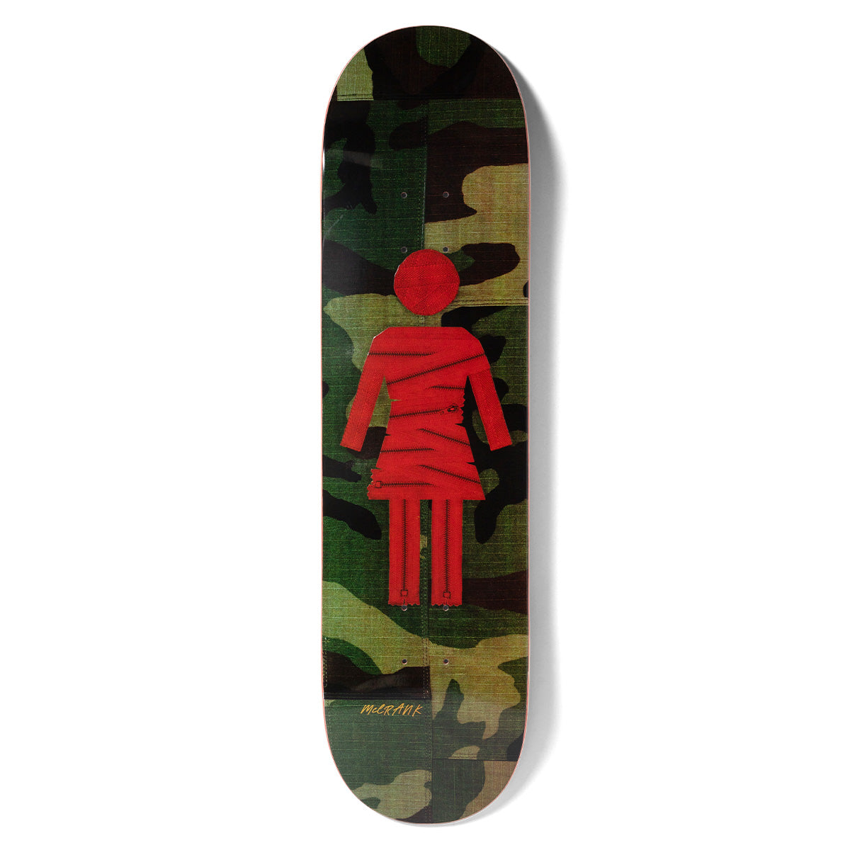 Girl McCrank Scraps skateboard deck: Girl logo figure in red fabric patchwork with stitched scraps, set over a woodland camouflage pattern. McCrank signature in yellow near the tail.