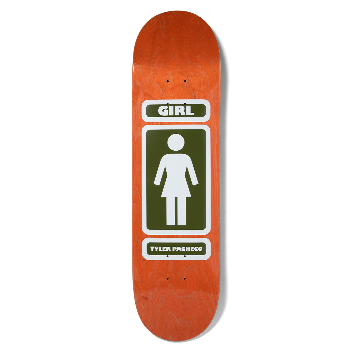 Girl Pacheco 93 Til Pop Secret skateboard deck: Girl logo figure in white on an olive green panel, with GIRL in a white box above and Tyler Pacheco in a box below, on an orange stained deck.