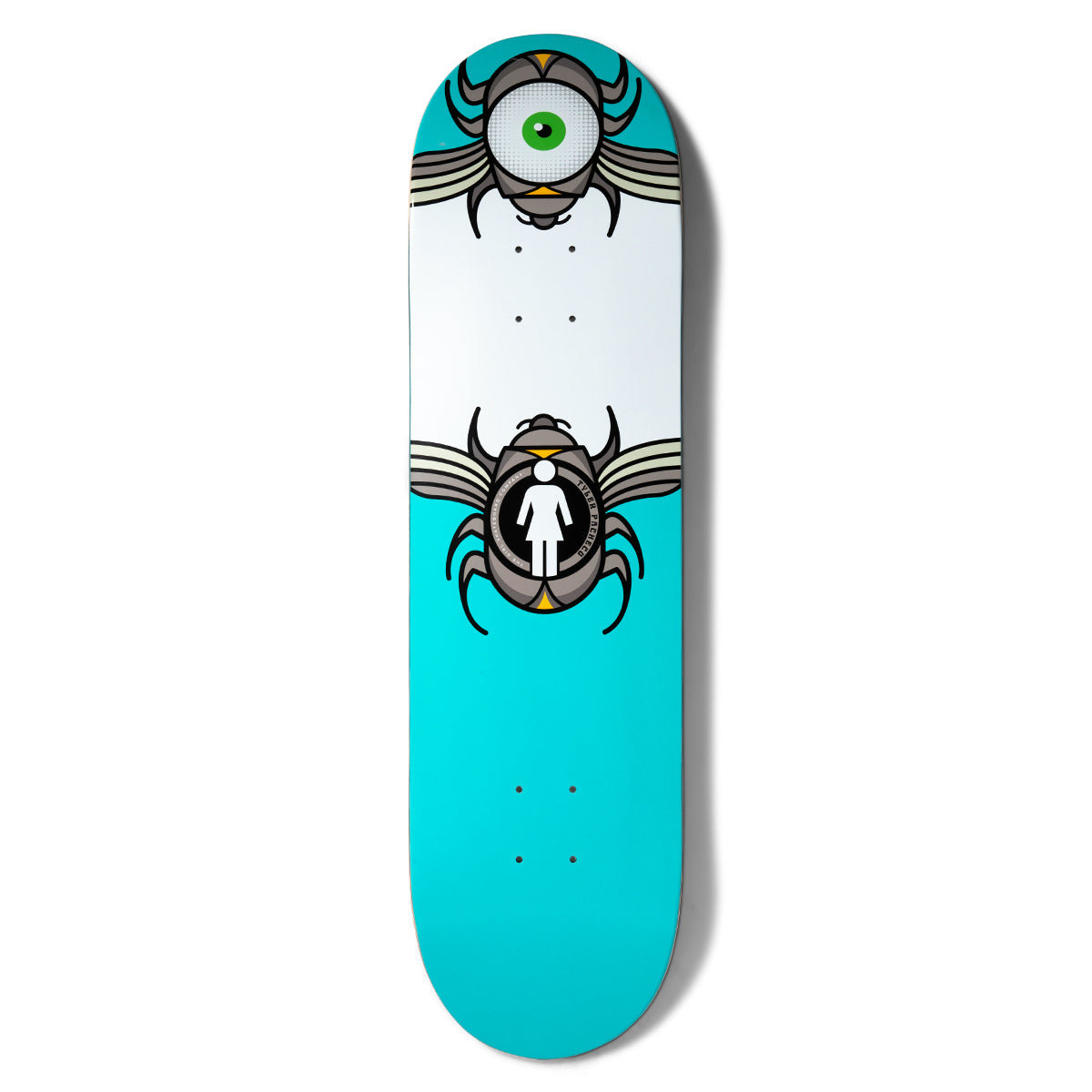 Girl Pacheco Beetle Bum skateboard deck: Two stylised beetles with grey wings, one with a green eyeball for its body and the other carrying the Girl logo, on a deck split between white in the middle and turquoise at the ends.