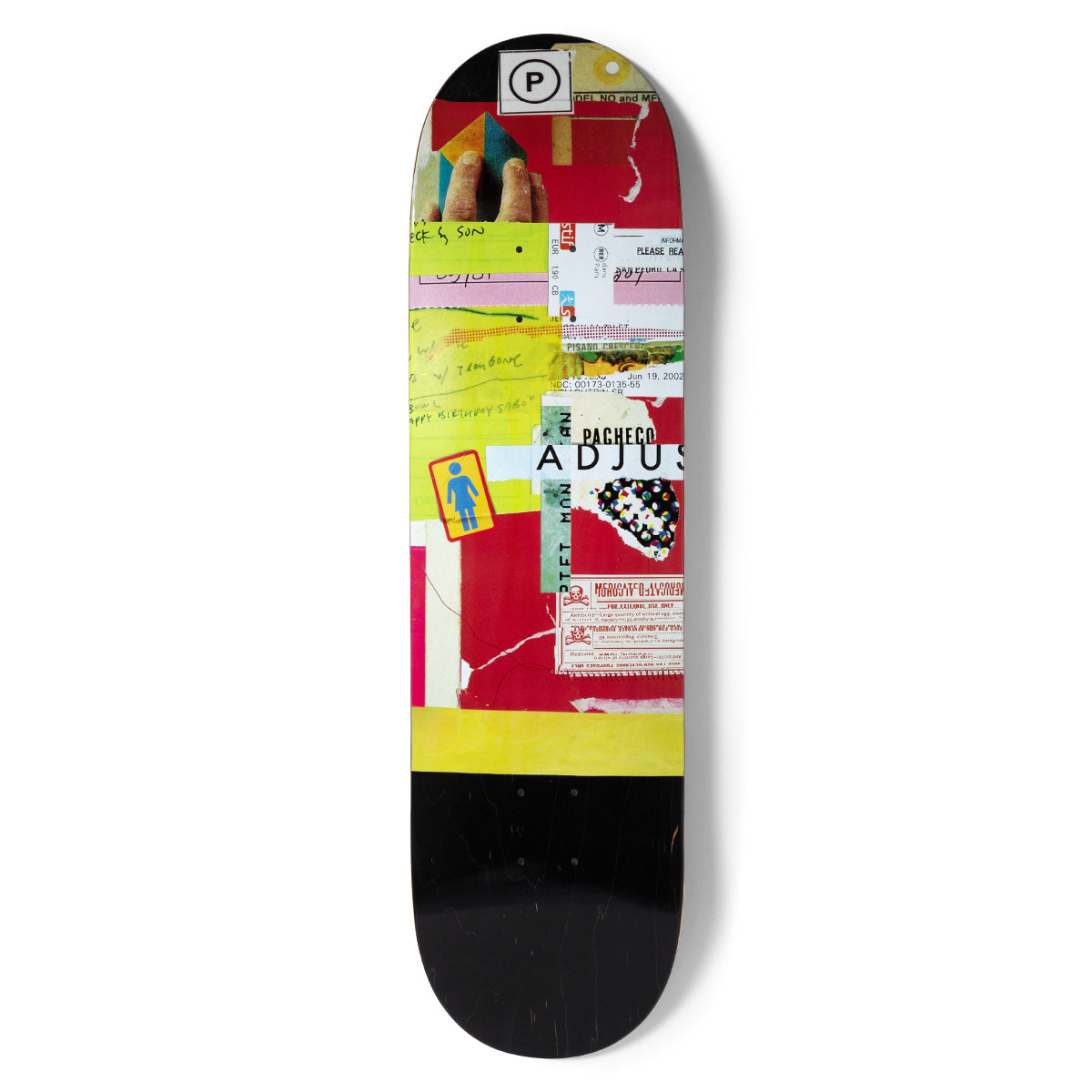 Girl Pacheco Cut & Paste skateboard deck: Collage deck of torn paper, tickets, handwritten notes and a hand holding a coloured block on red, yellow and white. A small Girl logo sticker and a P logo are included, with a black plain tail.
