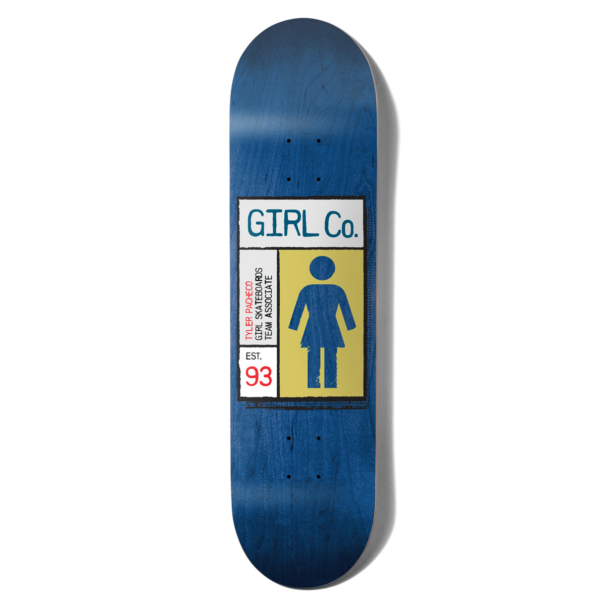 Girl Pacheco Gridbox skateboard deck: A boxed label layout with the Girl Co. wordmark, a blue Girl figure on a mustard panel, a vertical team-associate credit and an 'Est. 93' box, printed on a blue stained wood deck.