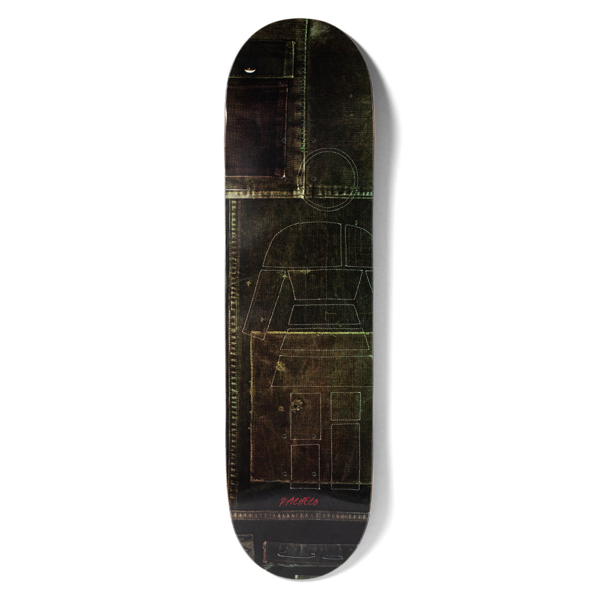 Girl Pacheco Scraps skateboard deck: A dark, glossy patchwork of stitched denim or leather panels with pockets, with the Girl figure picked out in faint stitching. A red Pacheco signature sits near the bottom.