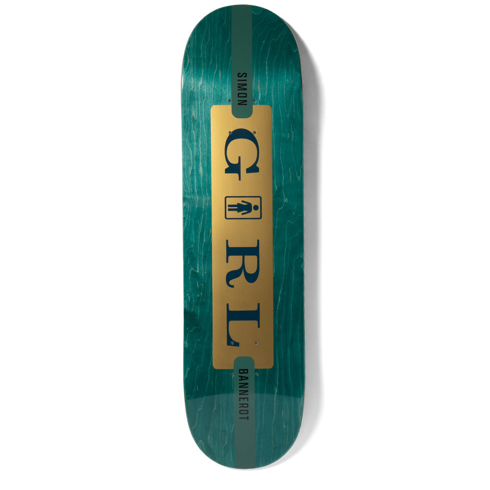 Girl Bannerot Serif skateboard deck: Serif-lettered 'G I R L' stacked down a gold foil panel, with the Girl logo figure in place of the I. Black 'Simon' and 'Bannerot' text at either end, on a teal stained deck.