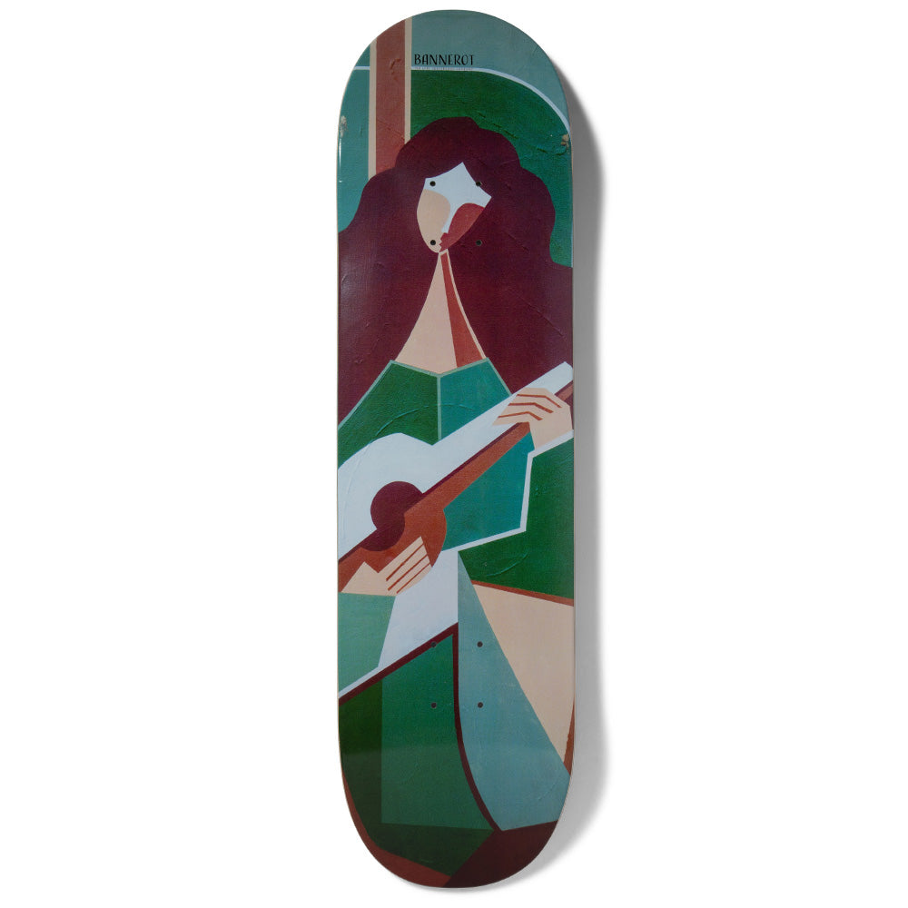 Girl Bannerot Strummer skateboard deck: A cubist-style painting of a long-haired woman playing an acoustic guitar, built from flat geometric planes in greens, teal, maroon and peach. Small 'Bannerot' lettering sits at the nose.