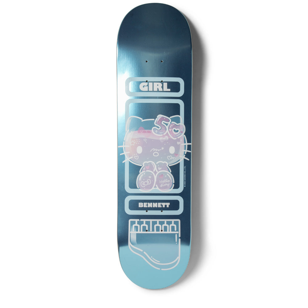 Girl Bennett Hello Kitty 50 skateboard deck: Hello Kitty with a '50' bow in a pale iridescent outline sits inside a rounded frame, between Girl and Bennett label boxes, with a piano-style outline at the tail on a glossy metallic blue base.