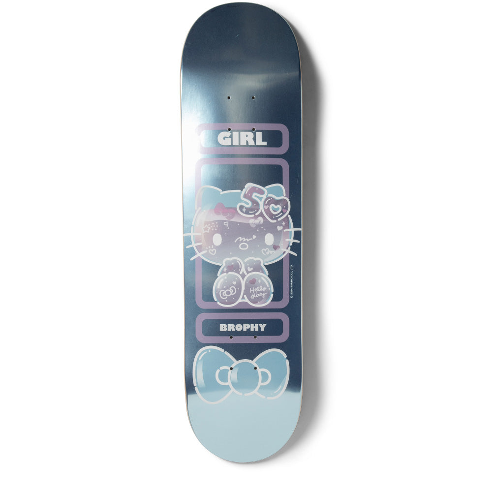 Girl Brophy Hello Kitty 50 skateboard deck: Hello Kitty with a '50' bow in pale iridescent outline sits inside a rounded frame between Girl and Brophy label boxes, with a large bow below on a glossy metallic blue base.
