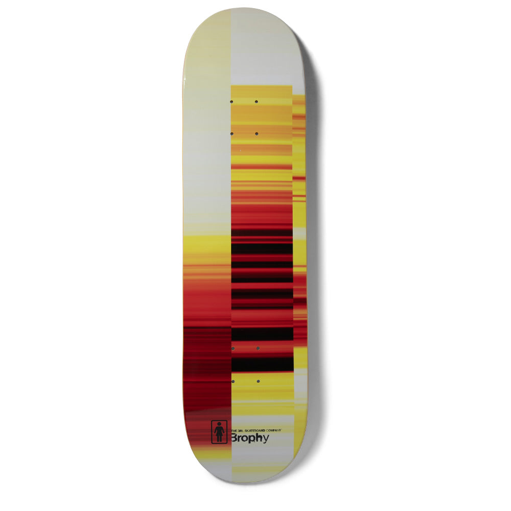 Girl Brophy Kinsey Code skateboard deck: Abstract blurred bands of red, yellow, black and white resembling a barcode or scanline glitch across a pale deck. Small Girl logo, company name and rider name at the tail.