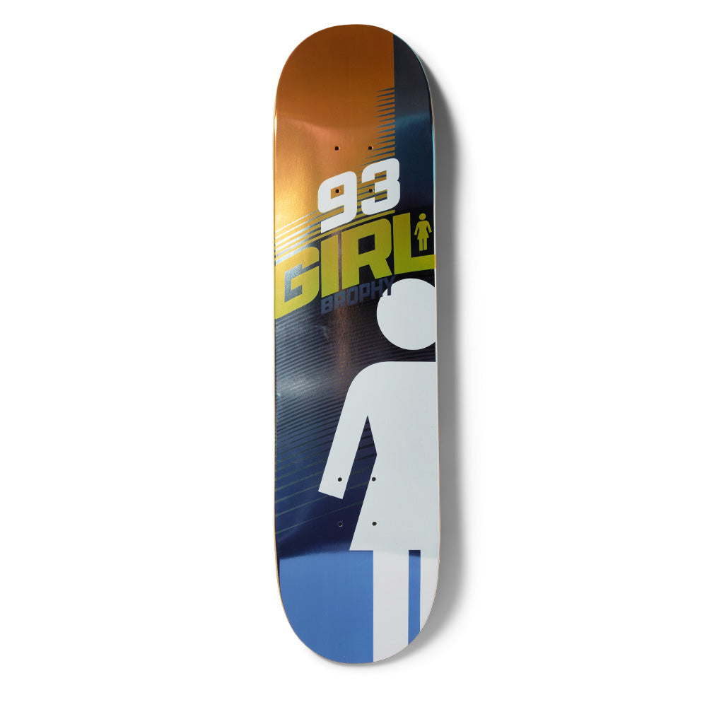 Girl Team Brophy skateboard deck: Large white Girl logo figure on a blue and black field with a copper-gold metallic fade at the top. Racing-style speed lines, the number 93, a yellow-green Girl wordmark and the rider name sit above the figure.