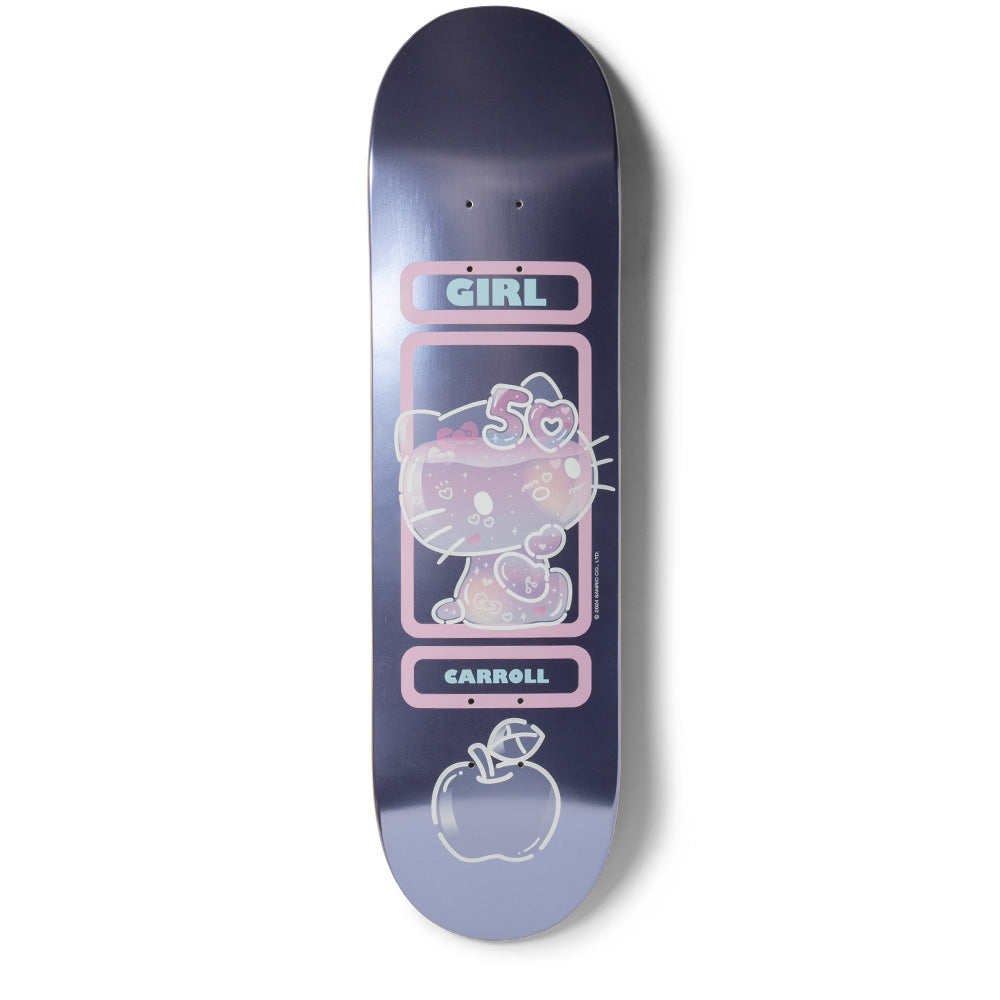 Girl Carroll Hello Kitty 50 skateboard deck: Hello Kitty with a '50' bow, drawn in pale iridescent outline, sits in a pink rounded frame between Girl and Carroll label boxes, with an apple outline below on a glossy metallic purple-blue base.