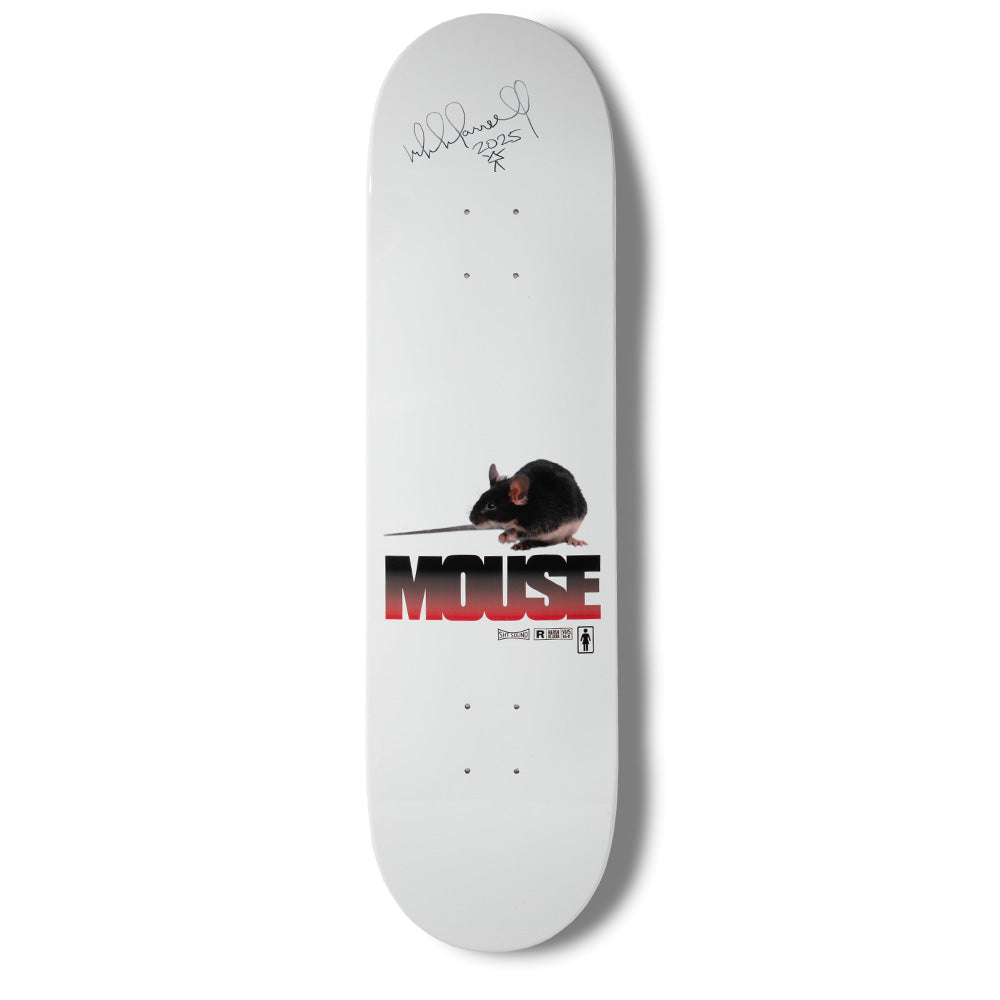 Girl Carroll Mouse One Off - Autographed skateboard deck: A photograph of a black mouse sits above the word MOUSE in large block letters fading from black to red, on a plain white deck. Small label graphics and a Girl logo sit beneath, with a black signature and 2025 at the top.