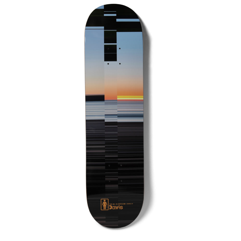 Girl Davis Kinsey Code skateboard deck: A glitched, streaky photograph of a sea horizon at sunset, with blue sky and an orange glow fading into dark horizontal bands, interrupted by black blocks. Girl logo and rider name sit at the tail.