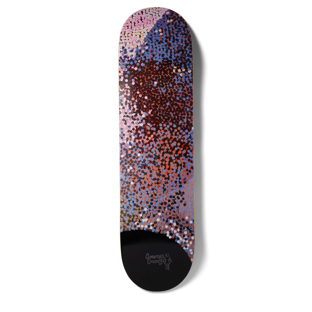 Girl Davis Suzuki Method skateboard deck: Abstract pointillist artwork of dense dots in mauve, lilac, maroon and orange, with a smooth black patch at the tail carrying the Girl logo and a handwritten rider name.