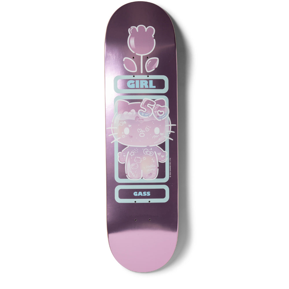 Girl Gass Hello Kitty 50 skateboard deck: Translucent Hello Kitty wearing a '50' bow, set inside a pale blue outlined frame between GIRL and GASS name plates, with a tulip-style flower above. Glossy metallic purple-pink finish.