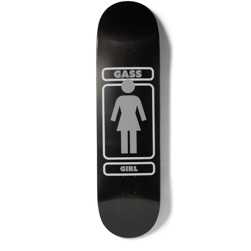 Girl Gass Metals skateboard deck: Girl's logo figure in grey on a black deck, within a rounded white outlined frame with the rider name above and brand name below.