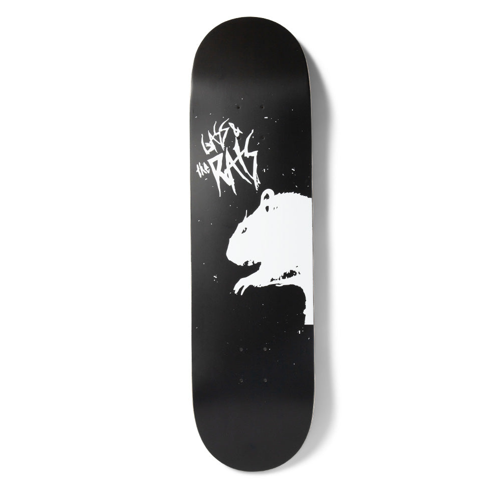 Girl Gass & The Rats skateboard deck: A large white rat silhouette sits at the right edge of a black deck, with scrawled white 'Gass & The Rats' lettering and paint flecks at the top.