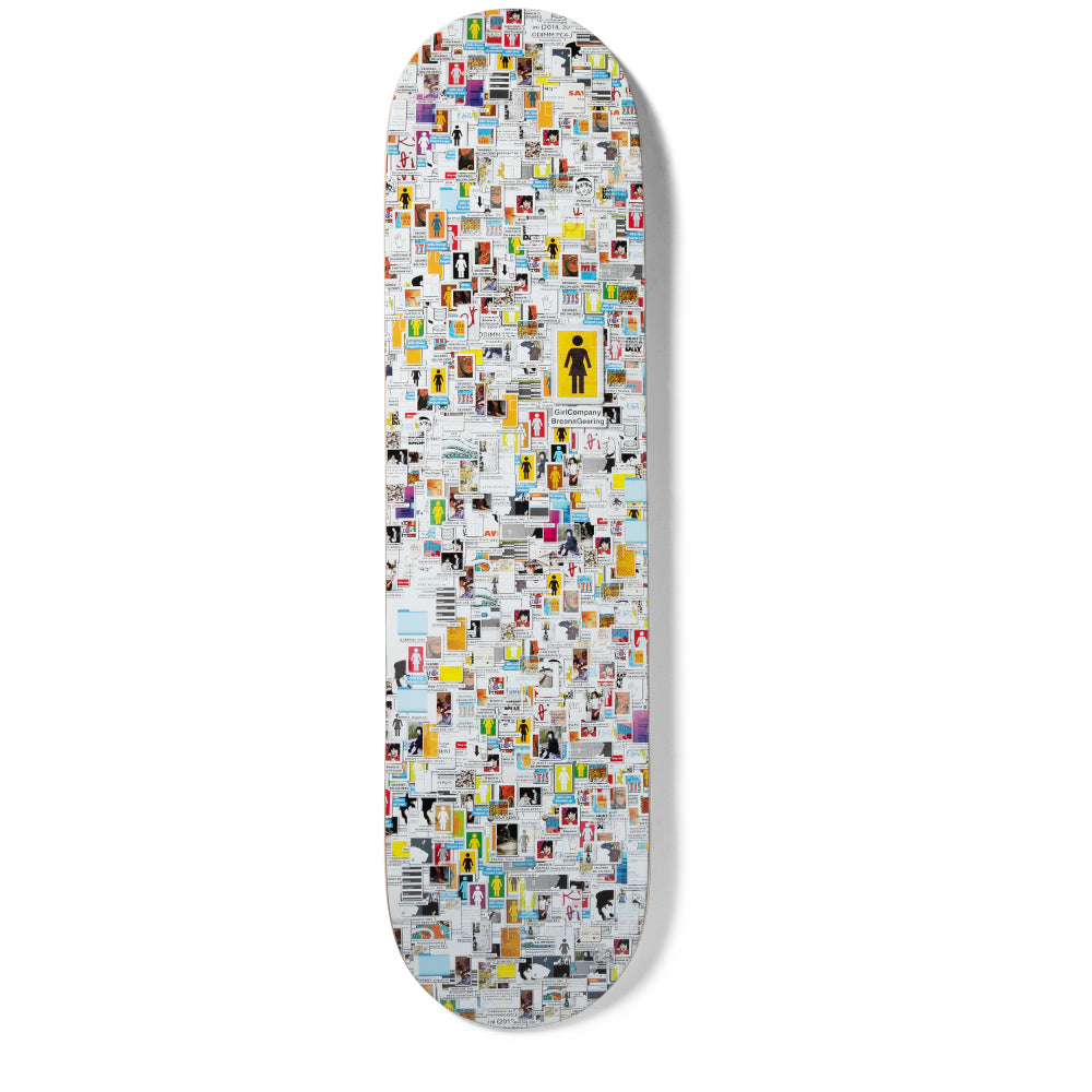 Girl Geering Desktop Chaos skateboard deck: A dense collage of tiny stickers, screenshots, photos and Girl logos tiled across the whole deck like a cluttered computer desktop, with a yellow Girl logo tile and name text near the centre.