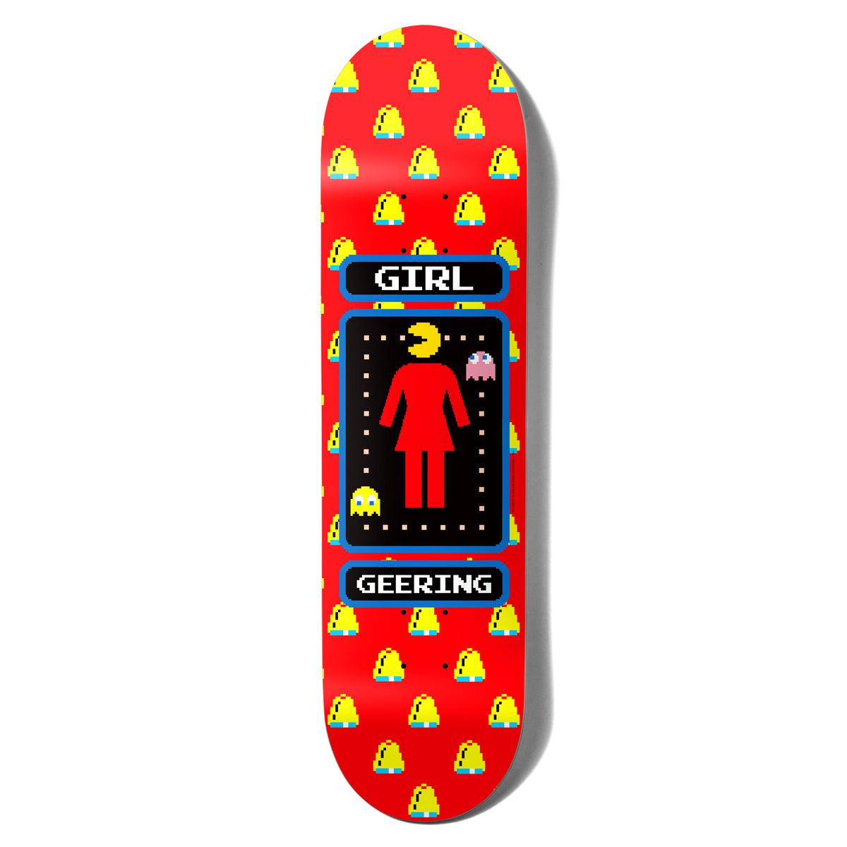 Girl Geering Pac - Man skateboard deck: The red Girl logo figure with a Pac-Man head sits in an arcade-maze panel with two ghosts, framed in blue with 'Girl' and 'Geering' labels, over a red board patterned with pixel bells.