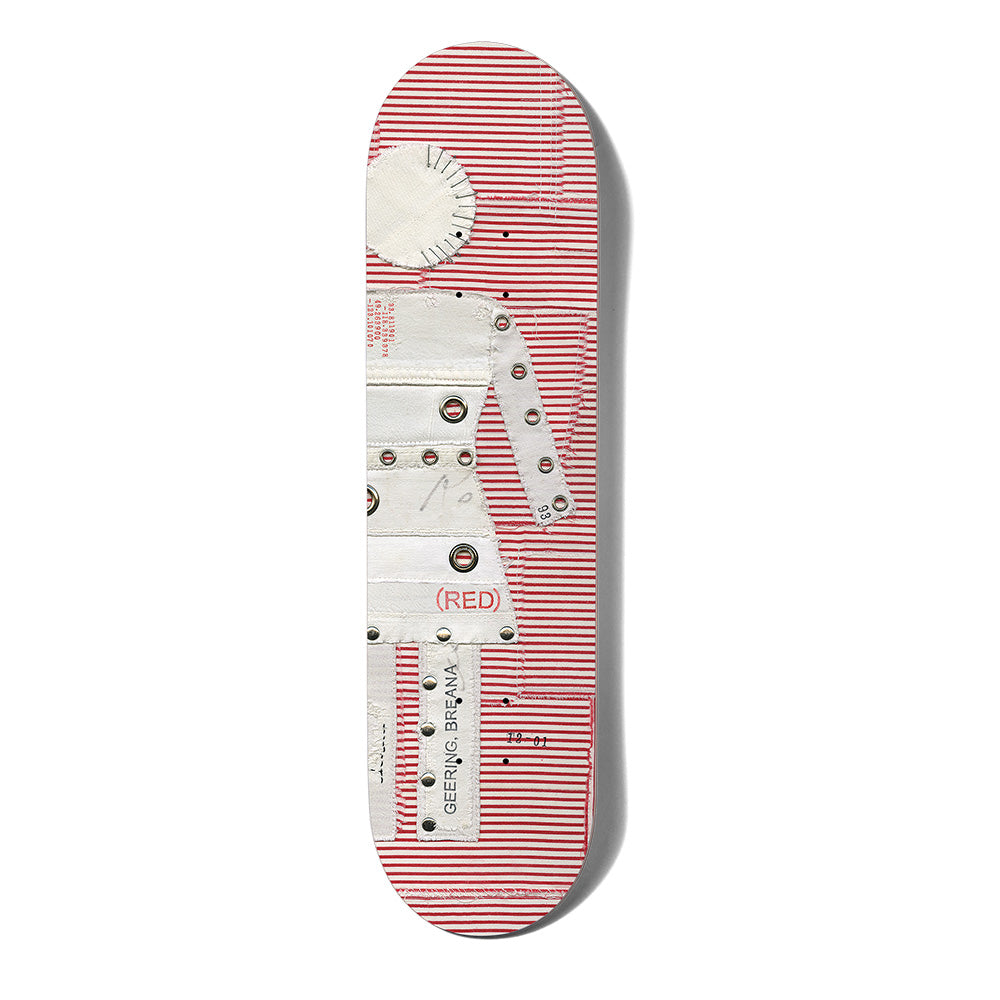 Girl Geering (Red) Stripe skateboard deck: Collage of the Girl figure made from white fabric patches with metal eyelets, on a red and white striped background. A pale circle forms the head; (RED) is printed on the skirt and the rider's name runs up the leg.