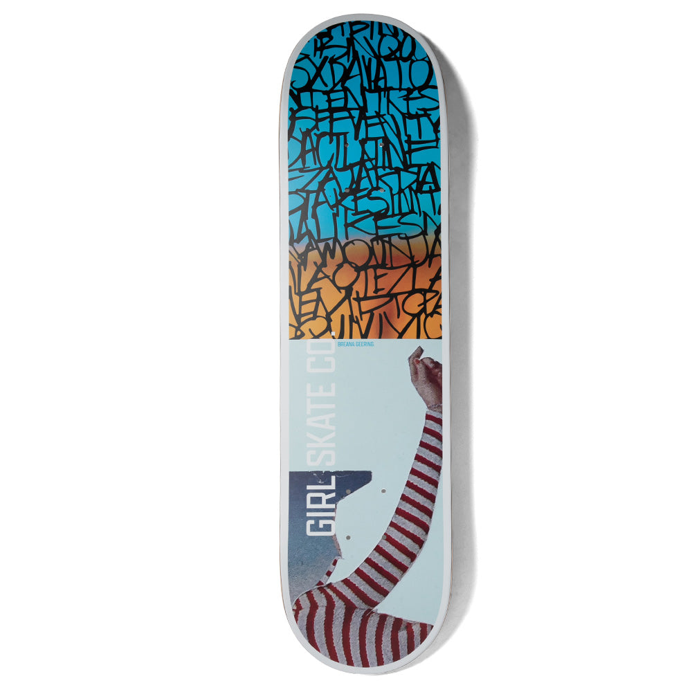 Girl Geering Splinter skateboard deck: A collage layout with dense black graffiti-style lettering over a blue to orange gradient on the upper half, and a photo of an arm in a red and white striped sleeve below. Vertical GIRL SKATE CO text runs along the left of the lower section.