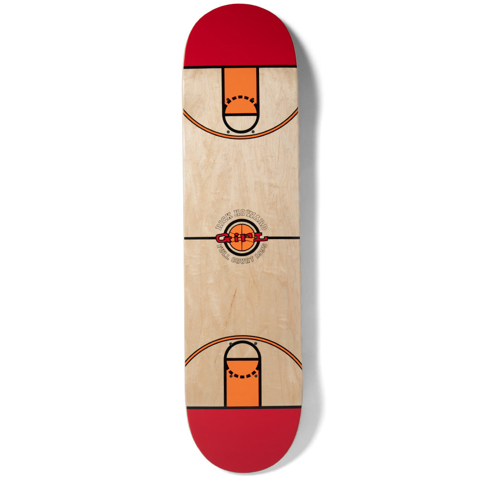 Girl Howard Full Court skateboard deck: A basketball court layout printed on natural wood, with orange keys and three-point arcs at each end and red tips. A centre circle with a basketball holds the Girl logo and Rick Howard Full Court text.
