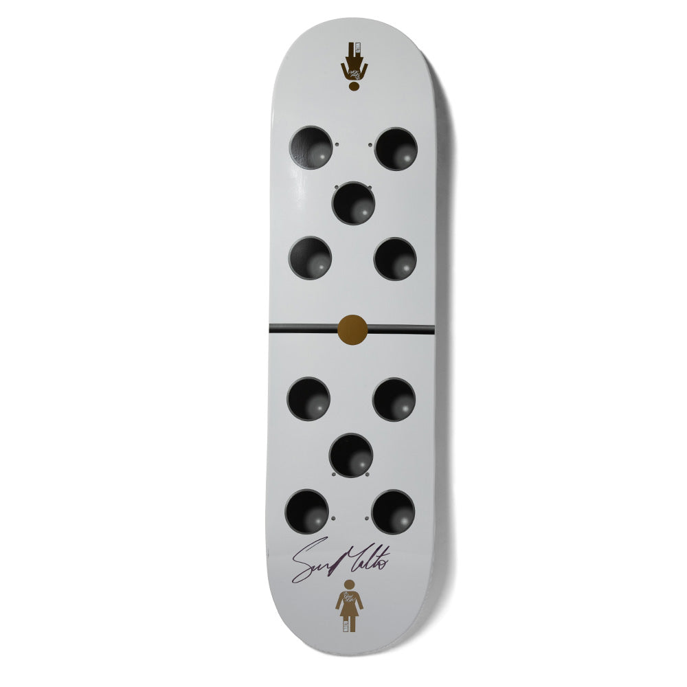 Girl Malto Goodlife (Autographed) skateboard deck: Pale grey deck styled as a domino, with five dark recessed-looking circles on each half divided by a thin black line and brown centre dot. A printed signature and the Girl figure logo sit at the tail.