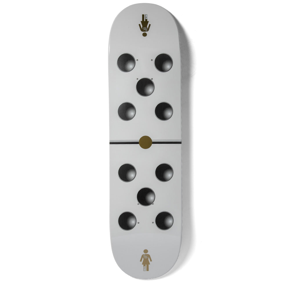 Girl Malto Goodlife skateboard deck: Pale grey deck styled as a domino, with five dark recessed-looking circles on each half divided by a thin black line and gold centre dot. The Girl figure logo sits at the tail and a small gold logo at the nose.