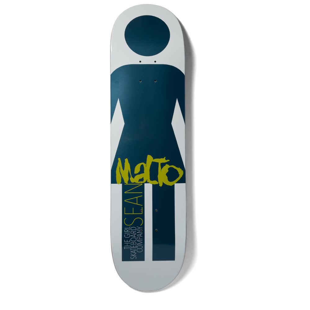 Girl Malto Metal skateboard deck: The Girl logo figure in dark teal on a pale grey deck, with the rider's name scrawled in olive-green brush lettering across the legs and company text running vertically below.