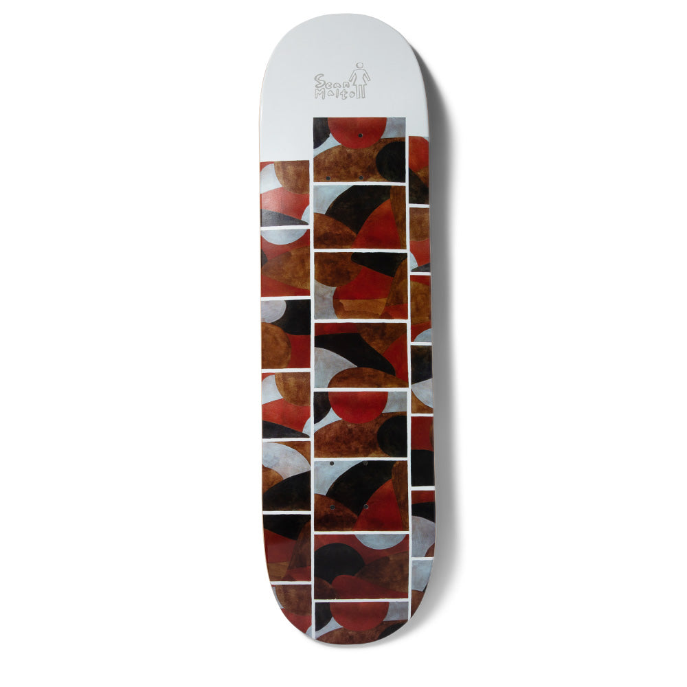 Girl Malto Suzuki Method skateboard deck: An abstract painted collage of rounded and half-circle shapes in rust red, brown, black and grey is cut into rectangular panels divided by white lines, below a plain pale grey nose with a Sean Malto signature and Girl logo.