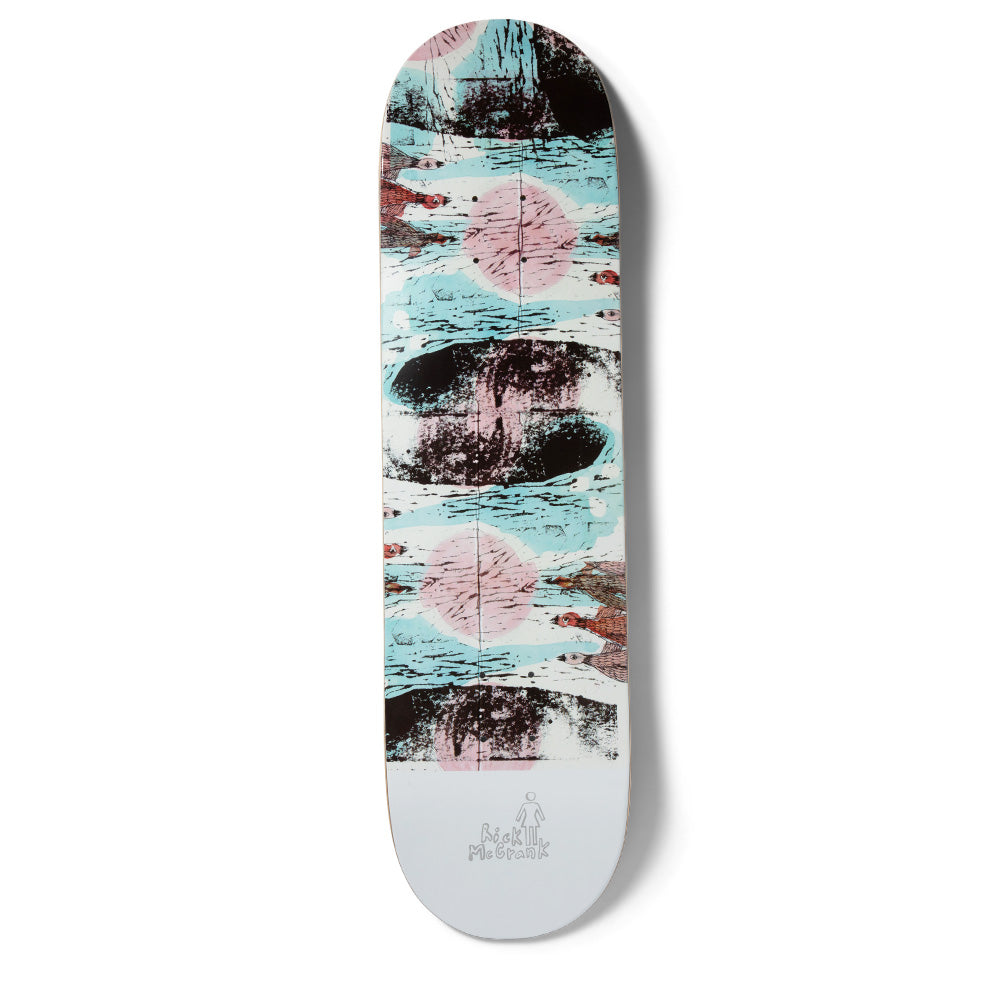 Girl Mccrank Suzuki Method skateboard deck: A textured, printmaking-style abstract scene of cyan swirls, pink circles and dark inky shapes with small red fish-like marks fills the deck, above a plain pale grey tail carrying a Rick McCrank signature and Girl logo.