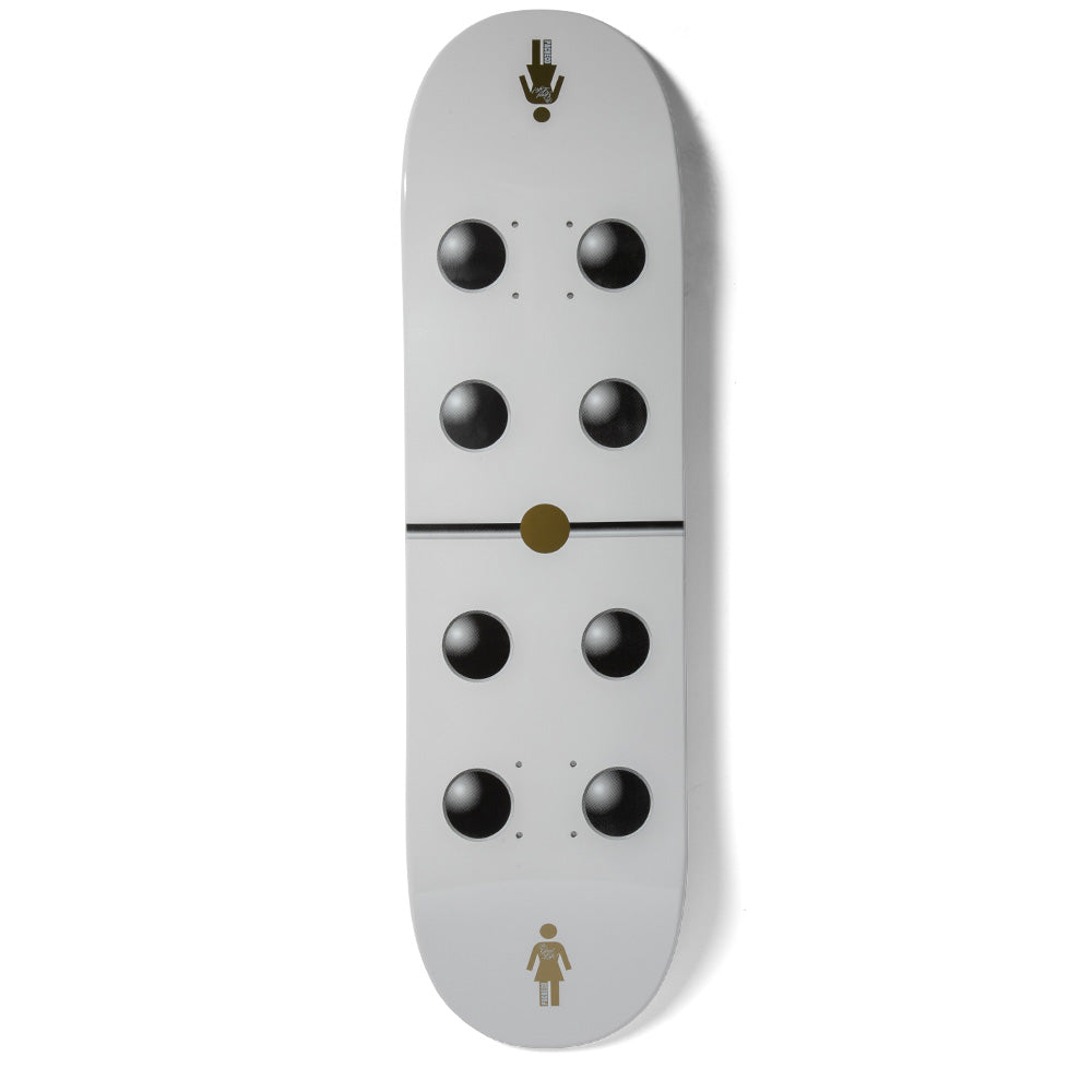 Girl Pacheco Goodlife skateboard deck: Pale grey deck styled as a domino, with four glossy black spheres in recessed circles on each half divided by a thin black line and gold centre dot. The Girl figure logo sits at the tail and a gold logo at the nose.