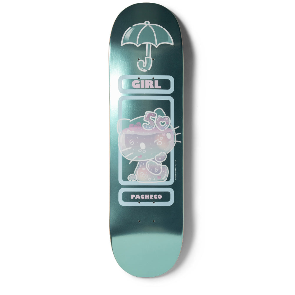 Girl Pacheco Hello Kitty 50 skateboard deck: Translucent Hello Kitty with a '50' bow inside a pale outlined frame between GIRL and PACHECO name plates, with an umbrella above. Glossy metallic teal finish.