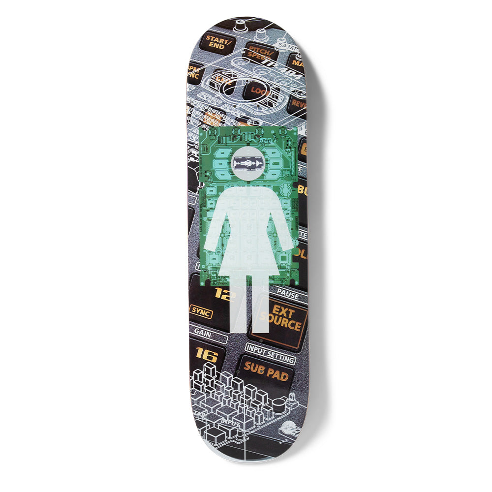 Girl Pacheco TP404 skateboard deck: A grey sampler or drum machine control panel with orange-labelled buttons forms the background, with a green circuit board panel holding the white Girl logo figure and a razor blade for a head.