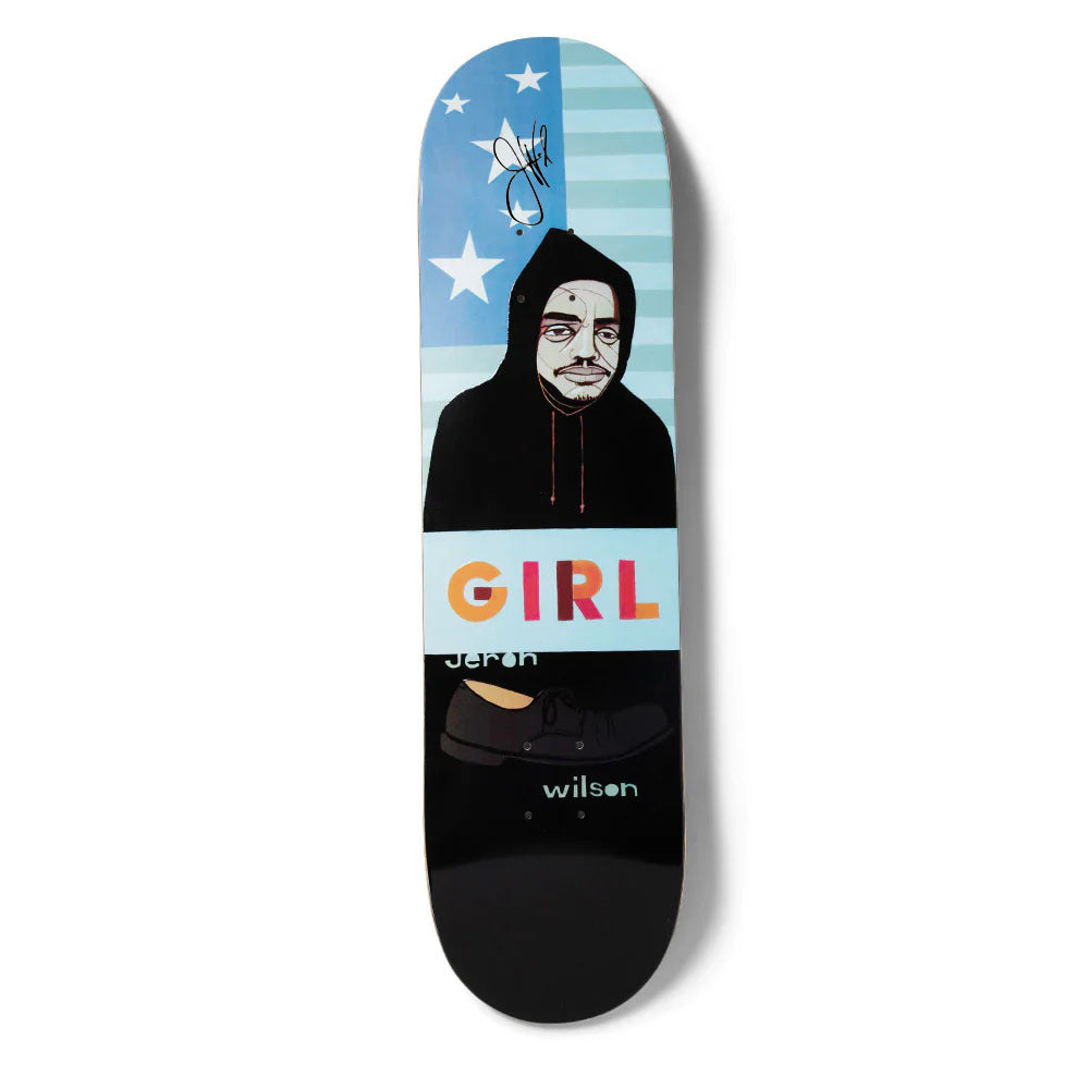 Girl Wilson Hecox Portrait (Autographed) skateboard deck: Illustrated hooded figure with a pale face against a pale blue stars and stripes flag background, above a Girl logo bar and a black shoe on a black lower half. Signature near the nose and rider name in handwritten text.