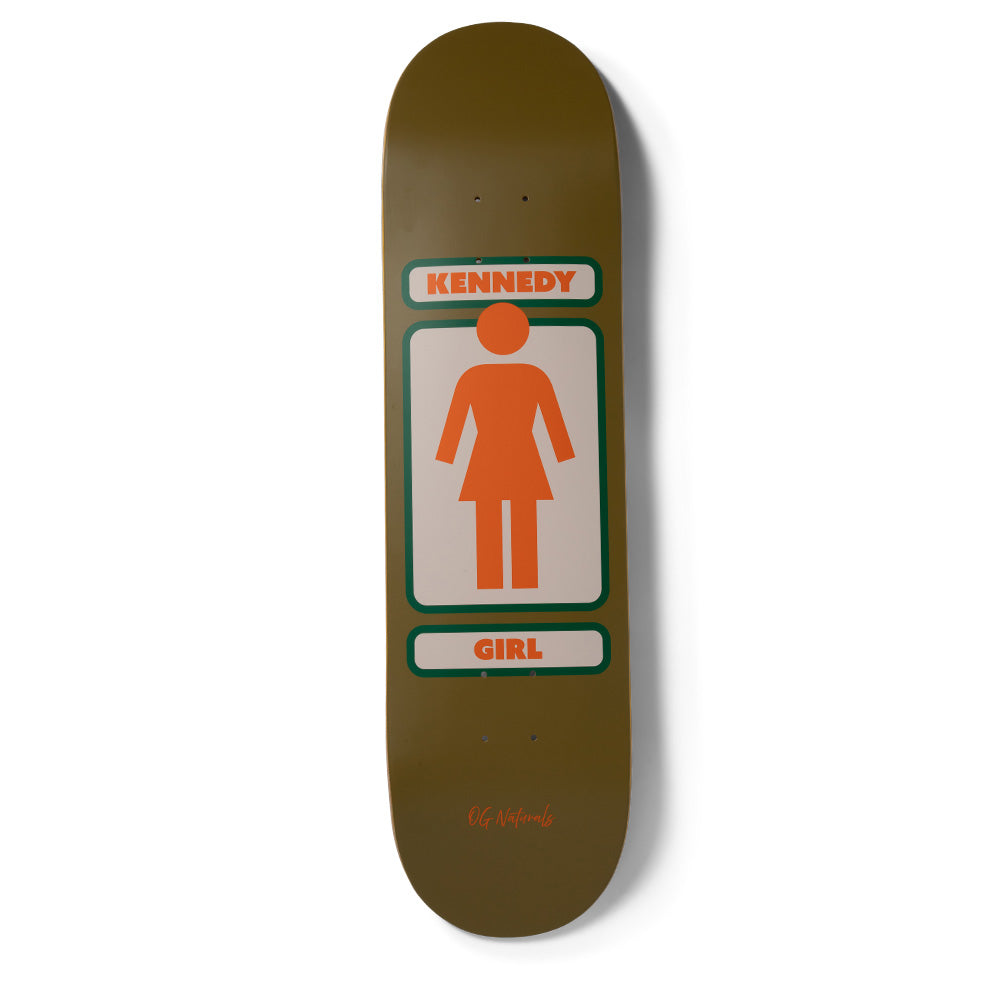 Girl Kennedy 93 Naturals skateboard deck: Olive-brown deck with the Girl logo: an orange female figure in a cream panel with green border, with a Kennedy name panel above and a Girl panel below. Small script text near the tail.